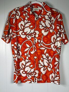 VTG Malihini Hawaii Tropical Orange Red White Floral Hawaiian Button Shirt XL